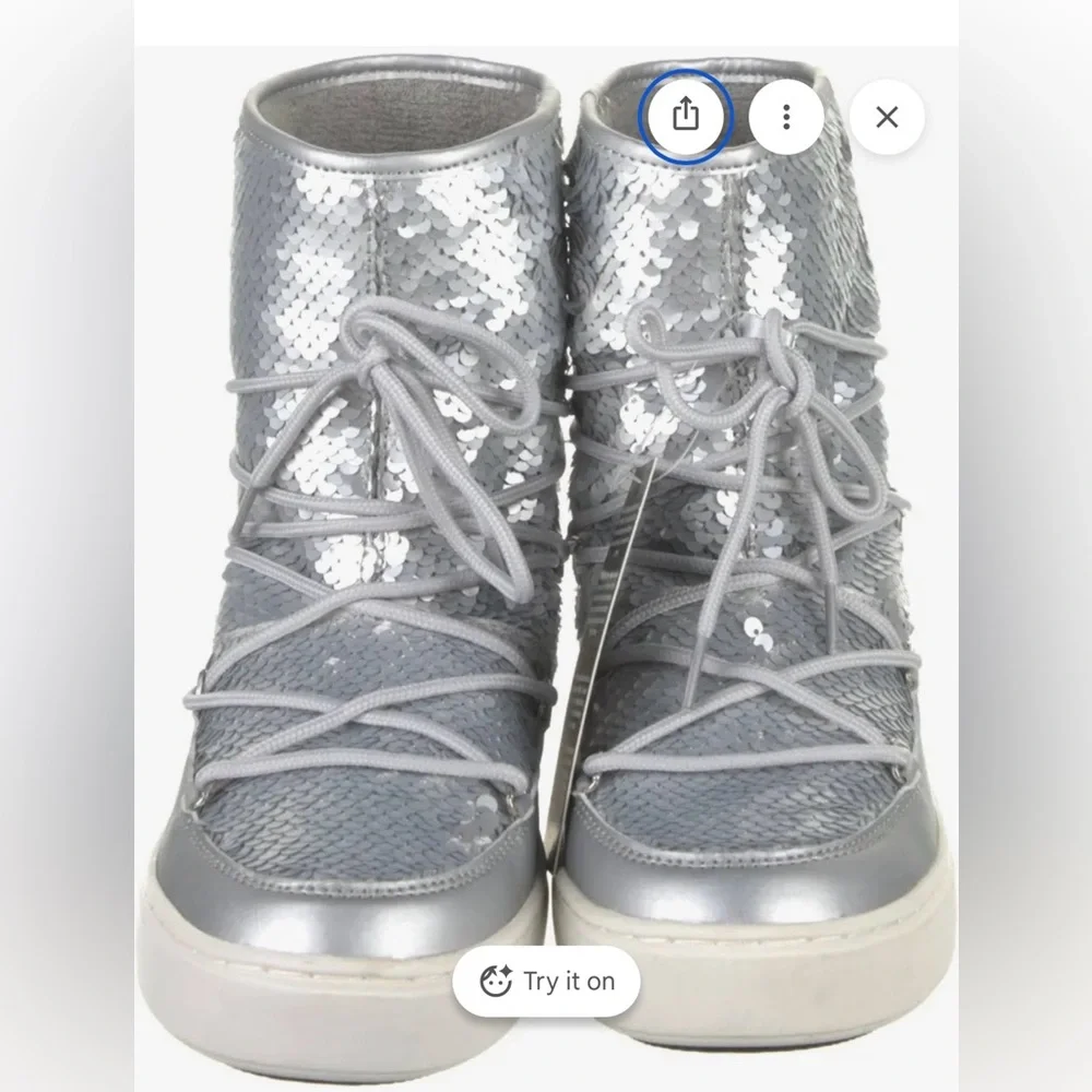 Moon Boot Pulse Short Platform Boot Disco Bling Silver Sequins Lace Up size 6